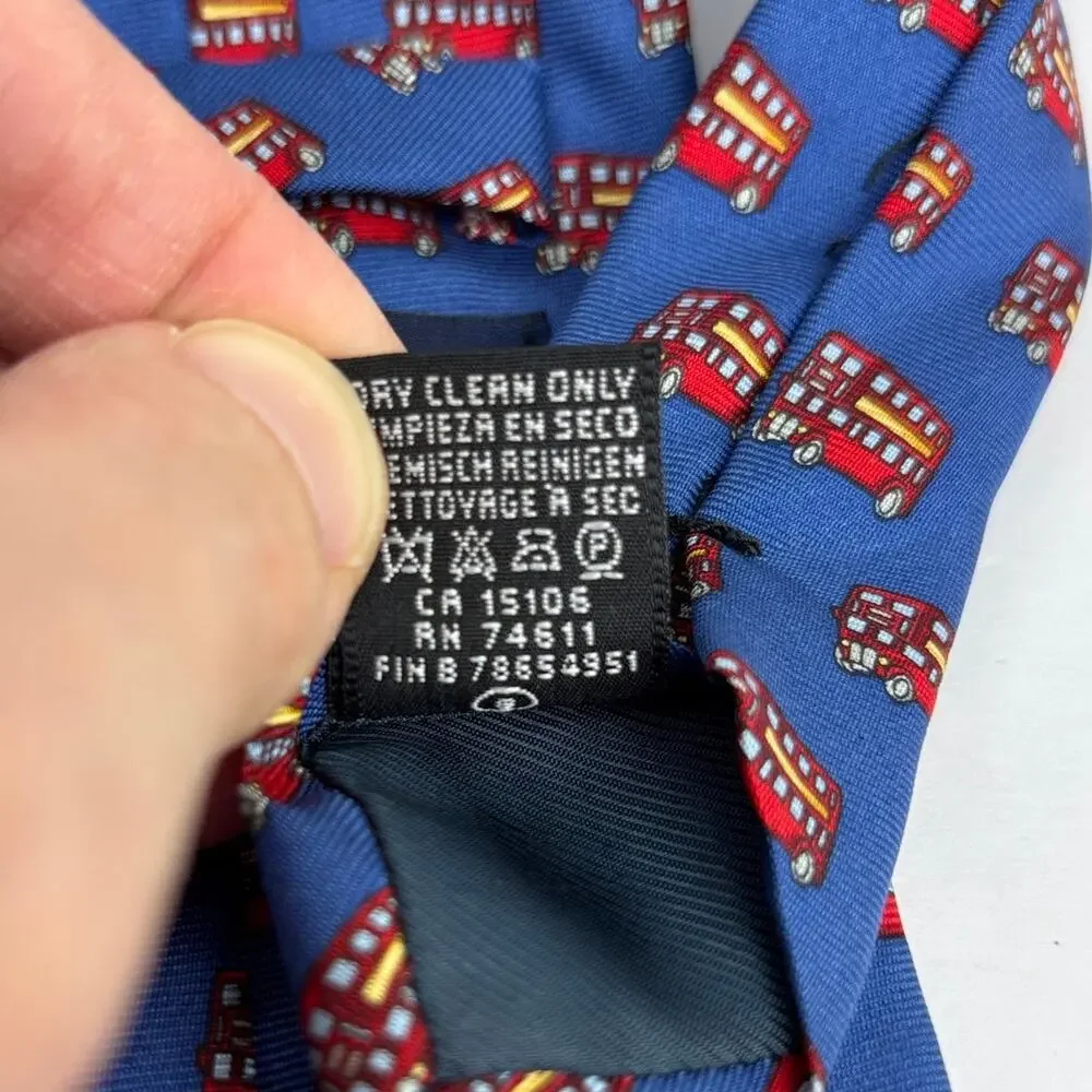 Silk Tie London Double Decker Bus Print Beaufort Tie Rack 100% silk vintage blue